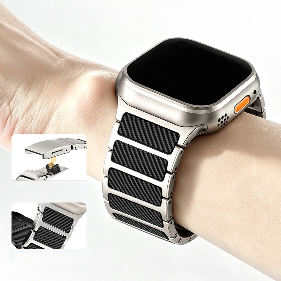 Titan-Magnetarmband mit Carbonfaser-Muster für Apple Watch Ultra 49/46/45/44/42 mm, passend für iWatch Series 12, 11, 10, 9, 8, 7, 6, SE, 5.