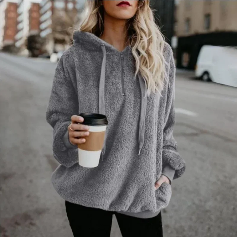 

Europe and The United States New Fashion Hooded Drawstring Top with Pockets, Solid Color Plush Warm Casual Hoodie Women Autumn