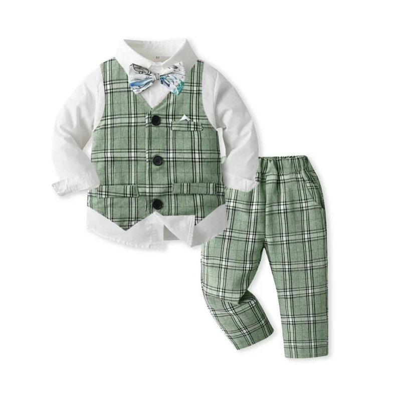 

2024 Baby Boys Three-Piece Children Sets Clothing New Single-Breasted Long-Sleeved Shirt Vest Pants Wedding Suit Autumn Costume