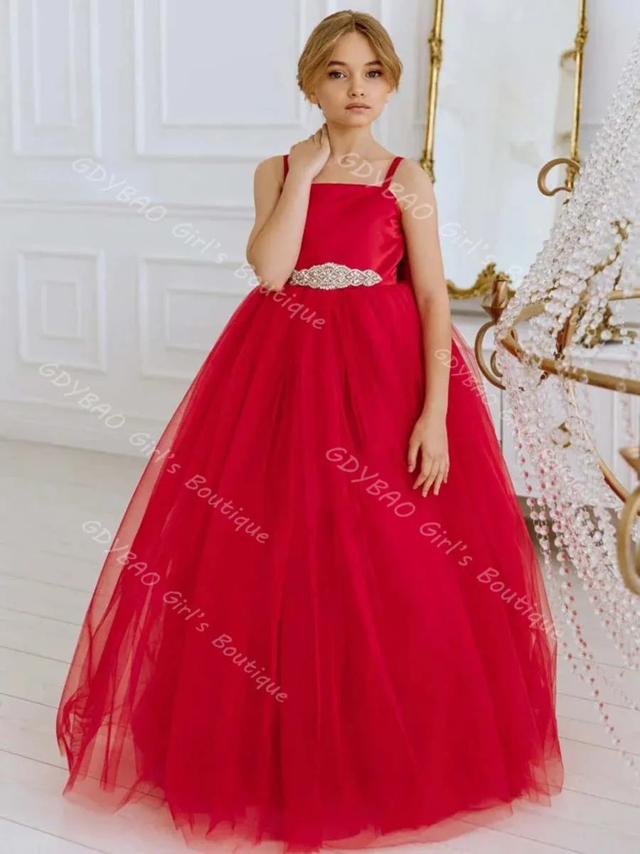 결혼식을위한 맞춤형 꽃의 소녀 드레스 키즈 스파게티 스트랩 민소매 공주 미인 대회 드레스와 페르시 새시 파티 가운