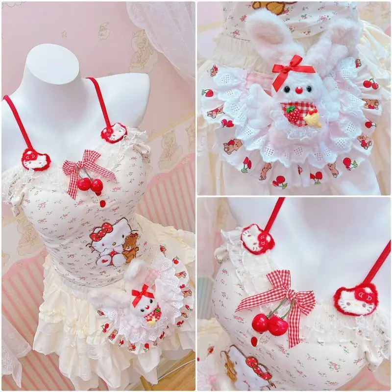

Sanrio HelloKitty Red and White Ballet Style Elegant Doll Lolita Top/pleated Skirt Spicy Girl Sexy Y2k Mini Skirt Y2k Lace Vest