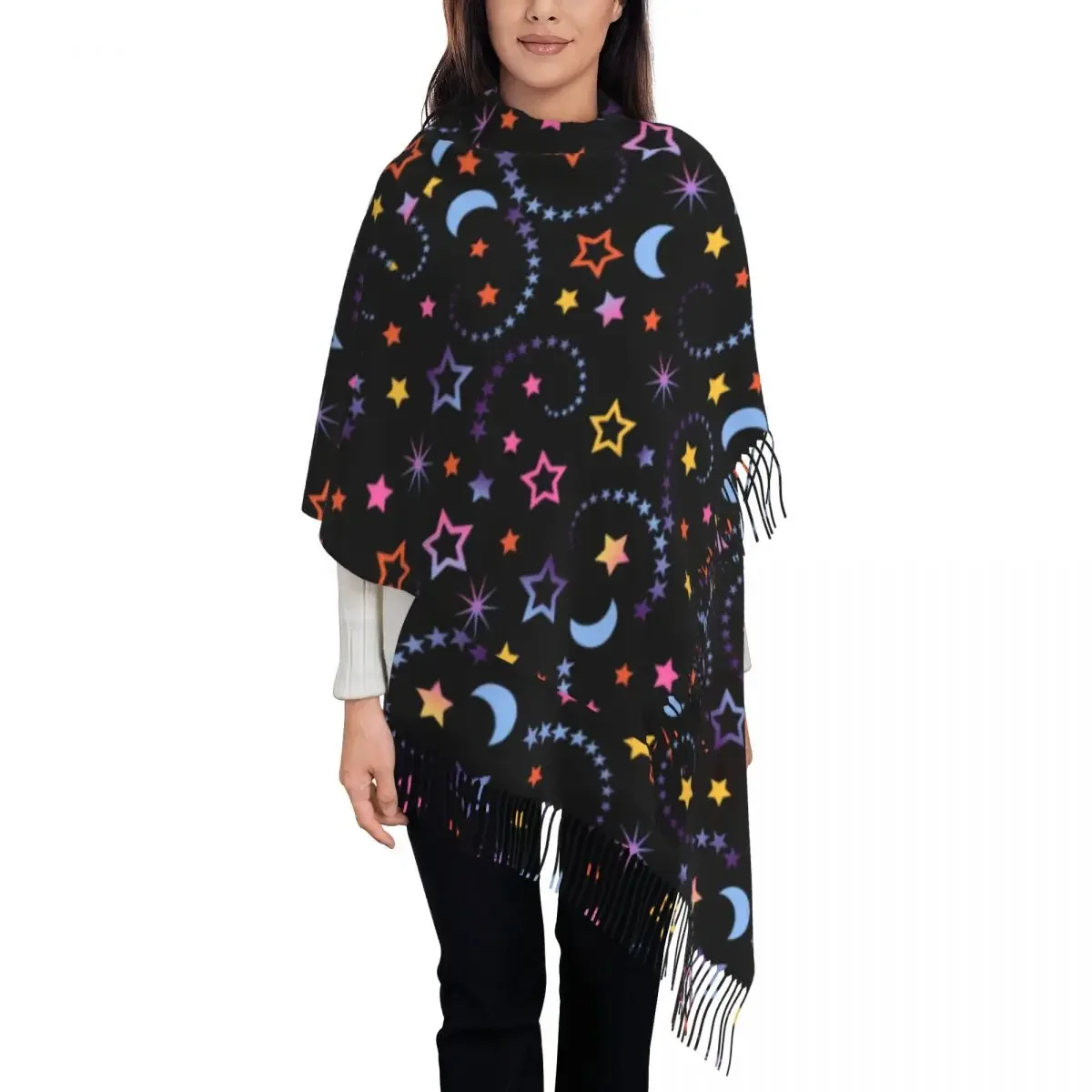 Moon And Stars Scarf Galaxy Print Warm Soft Shawls and Wrap with Tassel Women y2k Funny Head Scarves Autumn New Design Bandana