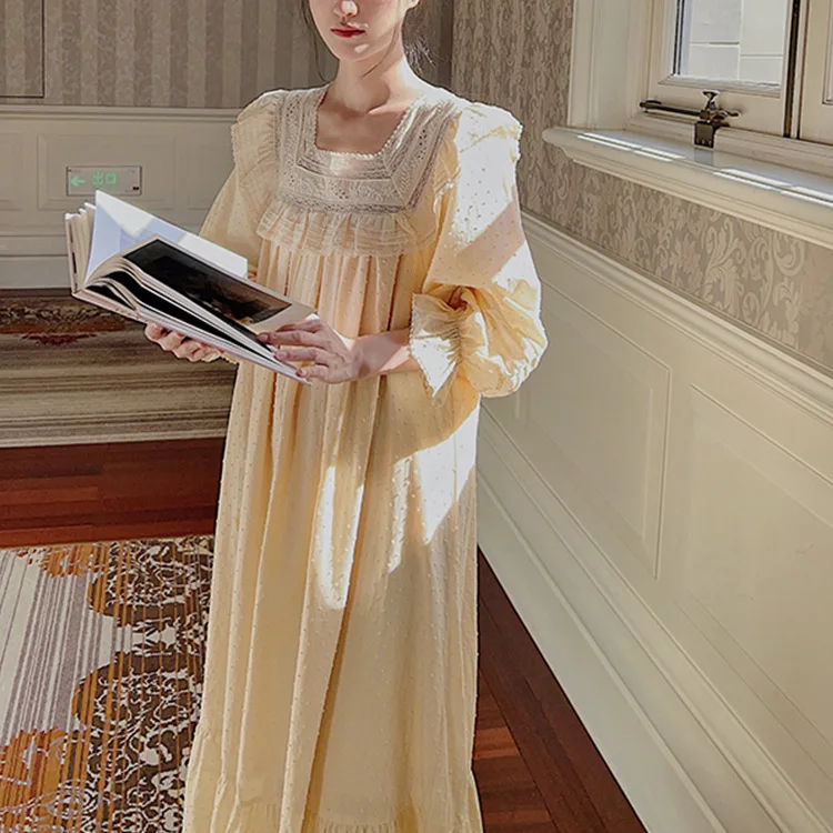 French square neckline hollowed out lace retro long nightgown women's long sleeved palace style home sleepwear nightgown