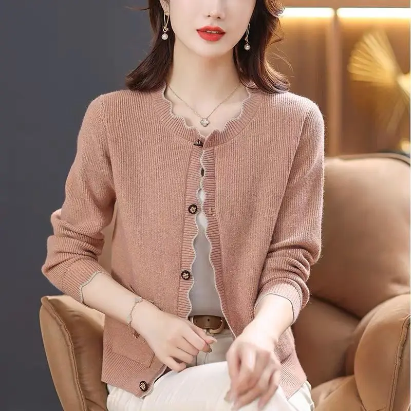 Autumn Winter 2024 Fashion Solid Color Women Knitted Cardigan Sweater Jacket Elegant Versatile Comfortable Ladies Tops