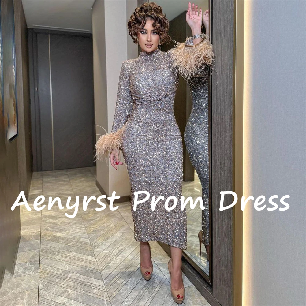 Aenyrst glanzende sexy lange mouwen veren customzied avondjurken lovertjes bodycon prom jurk thee lengte formele feestjurken