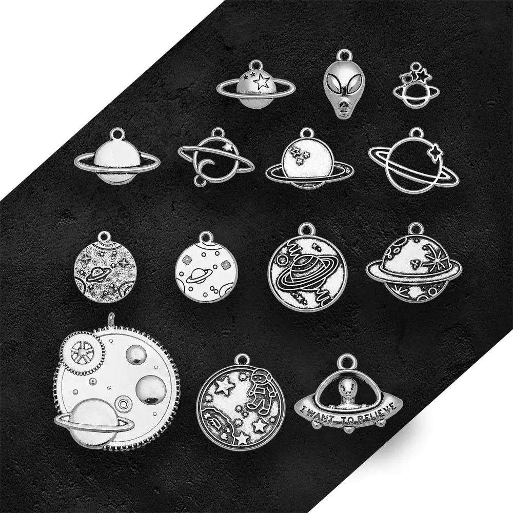 Antique Silver Plated Universe Ufo Alien Outer Space Charms Stars Pendants For Diy Jewelry Making Findings Supplies Accessories