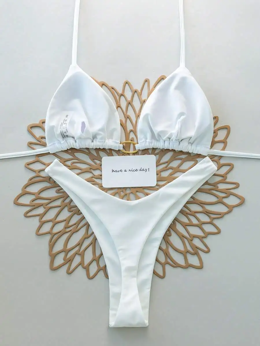 

2 Pieces Solid White Backless Tie-Up Bikini Set For Beach Resort Summer Vacation