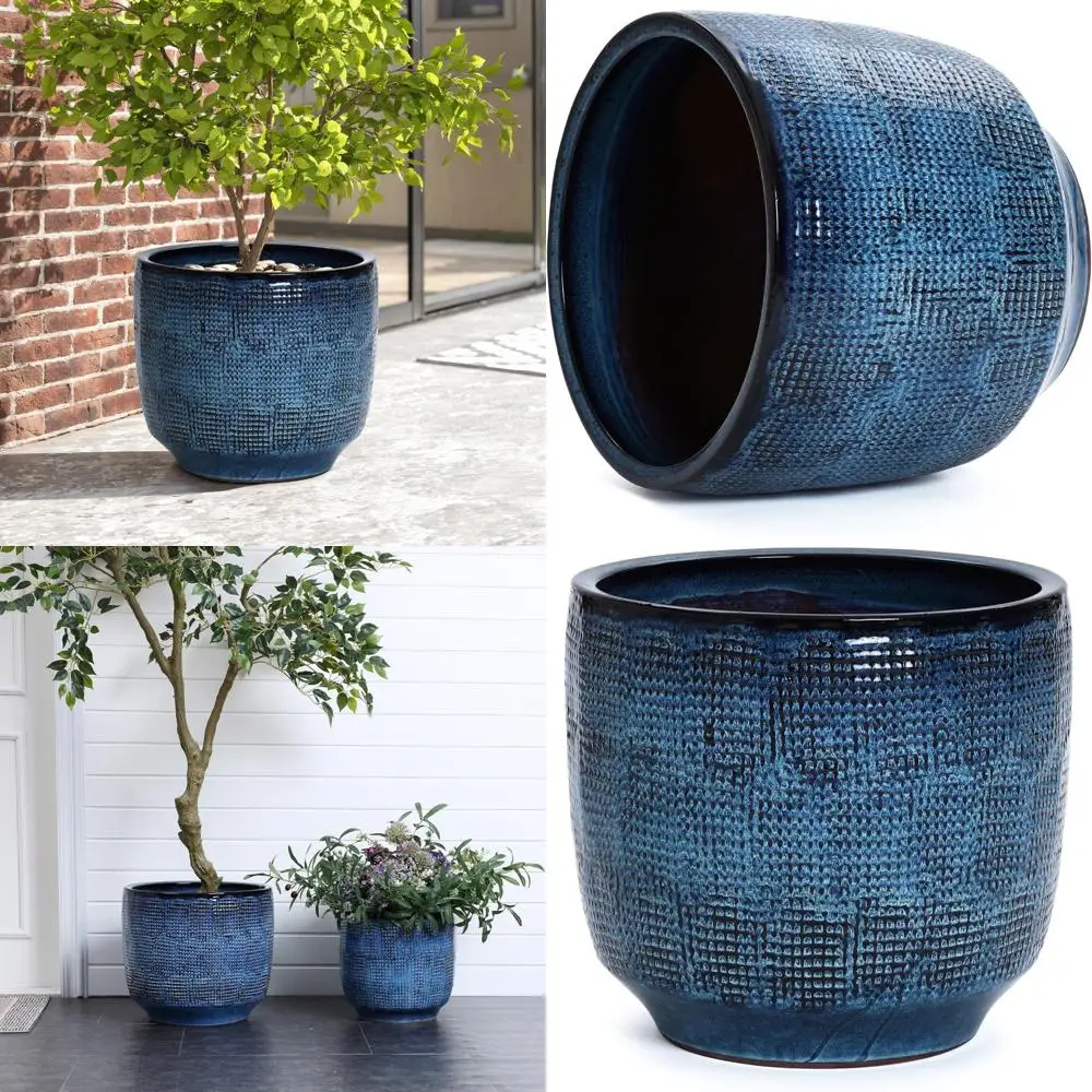 

luxenhome 15.5-inch dia ceramic planters, large outdoor indoor plant pots with drainage hole and rubber plug, modern ocean blue