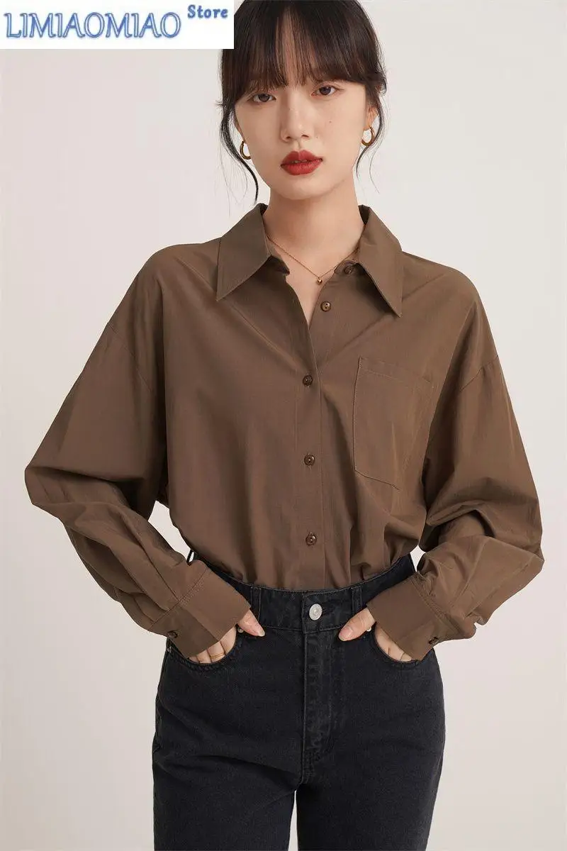 

Vintage Fashion Pocket Single-breasted Blouse Women New Classic Polo Collar Korean Loose All-match Lady Chiffon Shirt