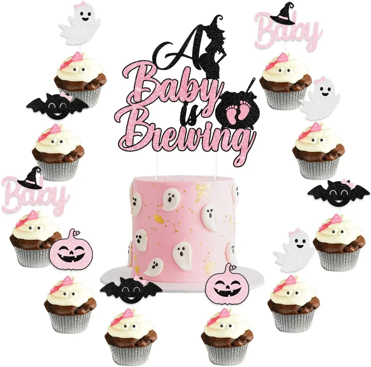 

Pink Halloween Cake Topper with Pumpkin Ghost Bat, Pregnancy Party Supplies, Brewing Cupcake Topper, Gender Reveal, 25 Pcs