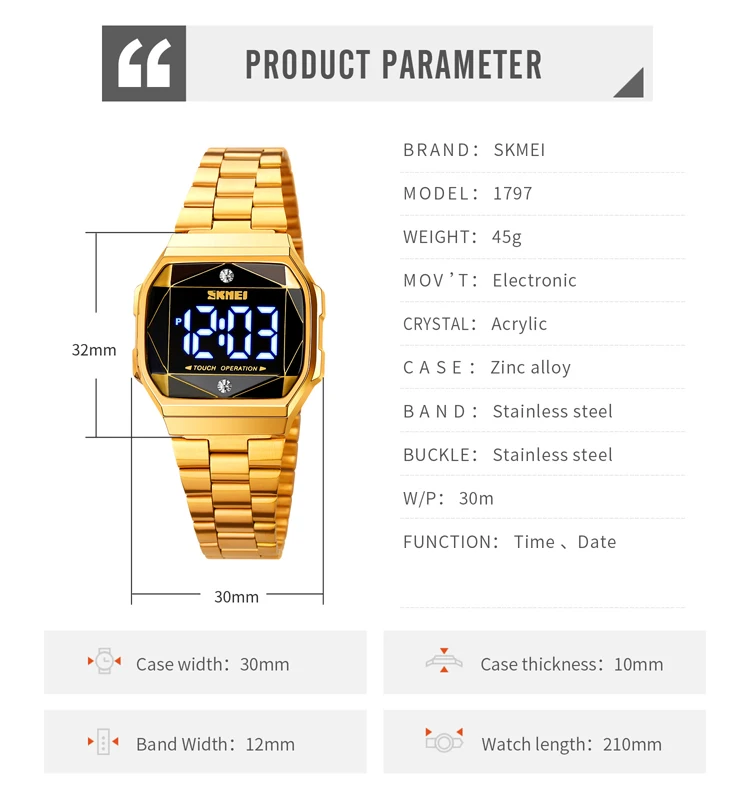 SKMEI Fashion LED Touch Screen Display Digital Women Watches Casual Waterproof Ladies Wristwatch Clock Relogio Feminino