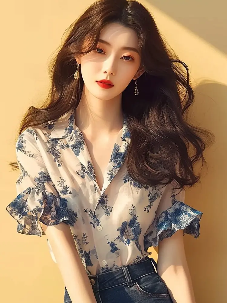 French Top Temperament Ruffled Floral Short-sleeved Shirt Summer Fashion Versatile Elegant Cardigan