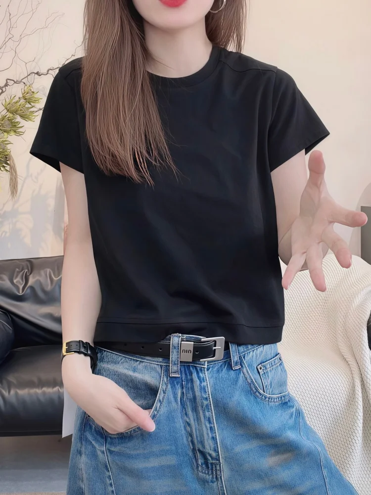 Gray Short Sleeve T-Shirt Women's Spring Summer 2026 Slimming Versatile Casual Simple Short Length Trendy Top Commute Style