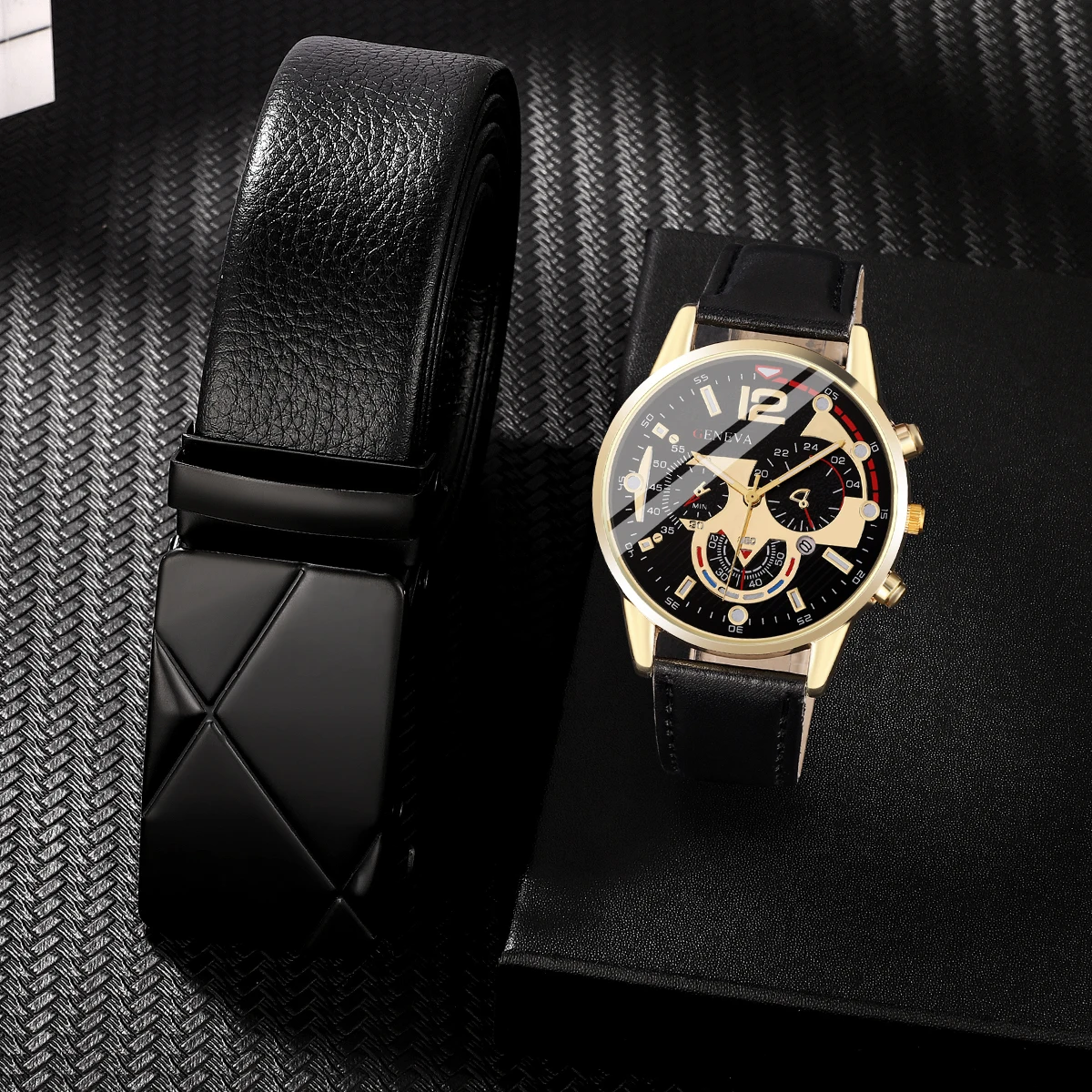 4Pcs/set Men\'s Fashion Watch Business Trend Calendar Pu Leather Quartz Watch With Men\'s Trend Belt Wallet Pen Set