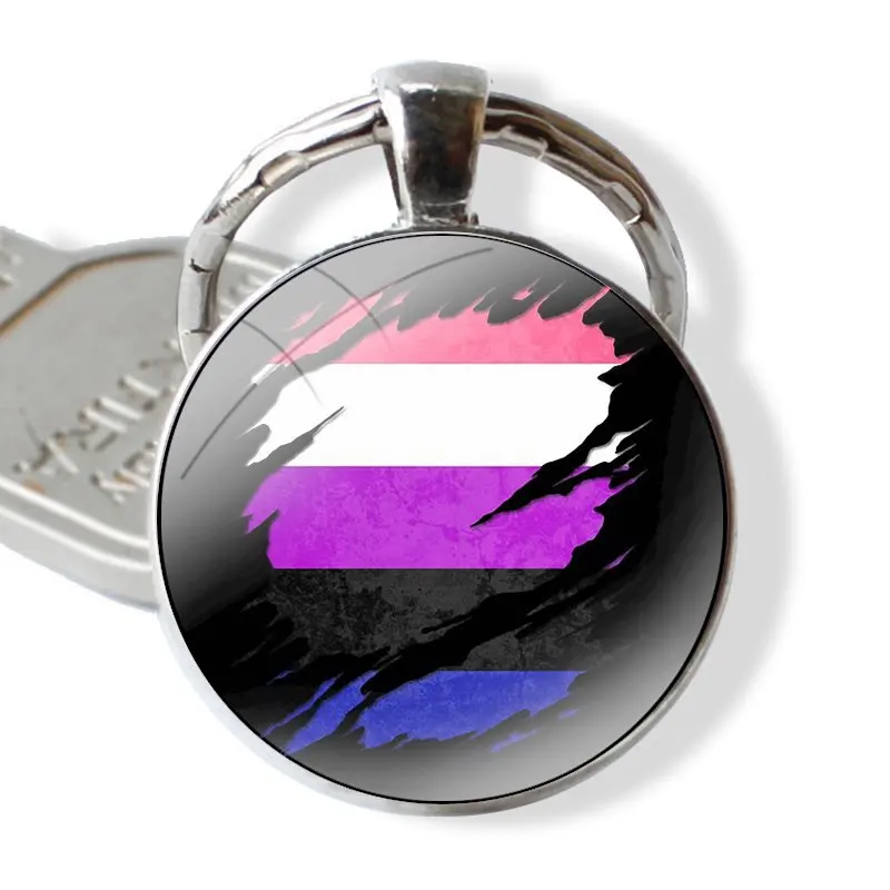 Genderfluid Flag Keychain Handmade Glass Cabochon Key Ring Holder Pendant Key Chains