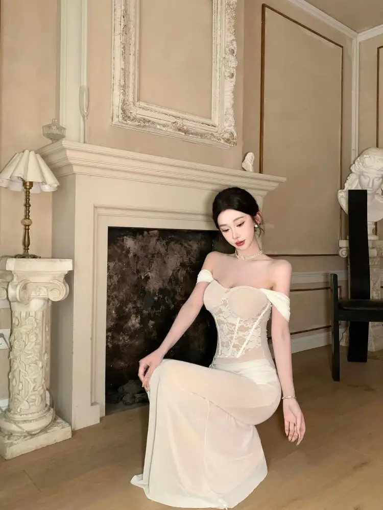 جديد إمرأة خمر الأبيض المرقعة الدانتيل أنيقة قصيرة الأكمام عالية الخصر فستان الصيف مثير نادي عارية الذراعين مطوي مساء فستان طويل #5