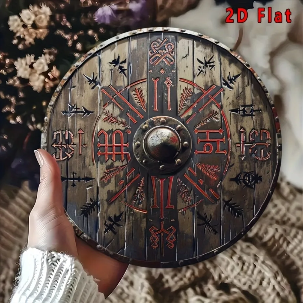 2D Flat, 12" Round Vintage Viking Shield Metal Wall Hanging Sign - Rustic Aluminum Norse Runic Decor with Crossed Axes view 4