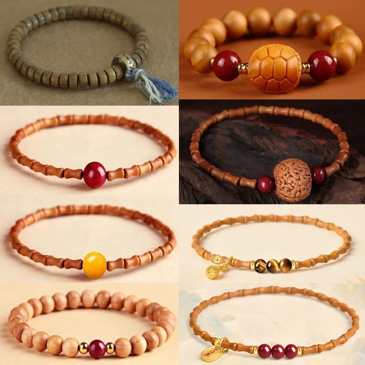 Unisex Vintage Peach Wood Bamboo Joint Bracelet Pixiu Beetle Charm Cinnabar Tiger Eye Stone Versatile Lucky Bead Bracelet Jewerl