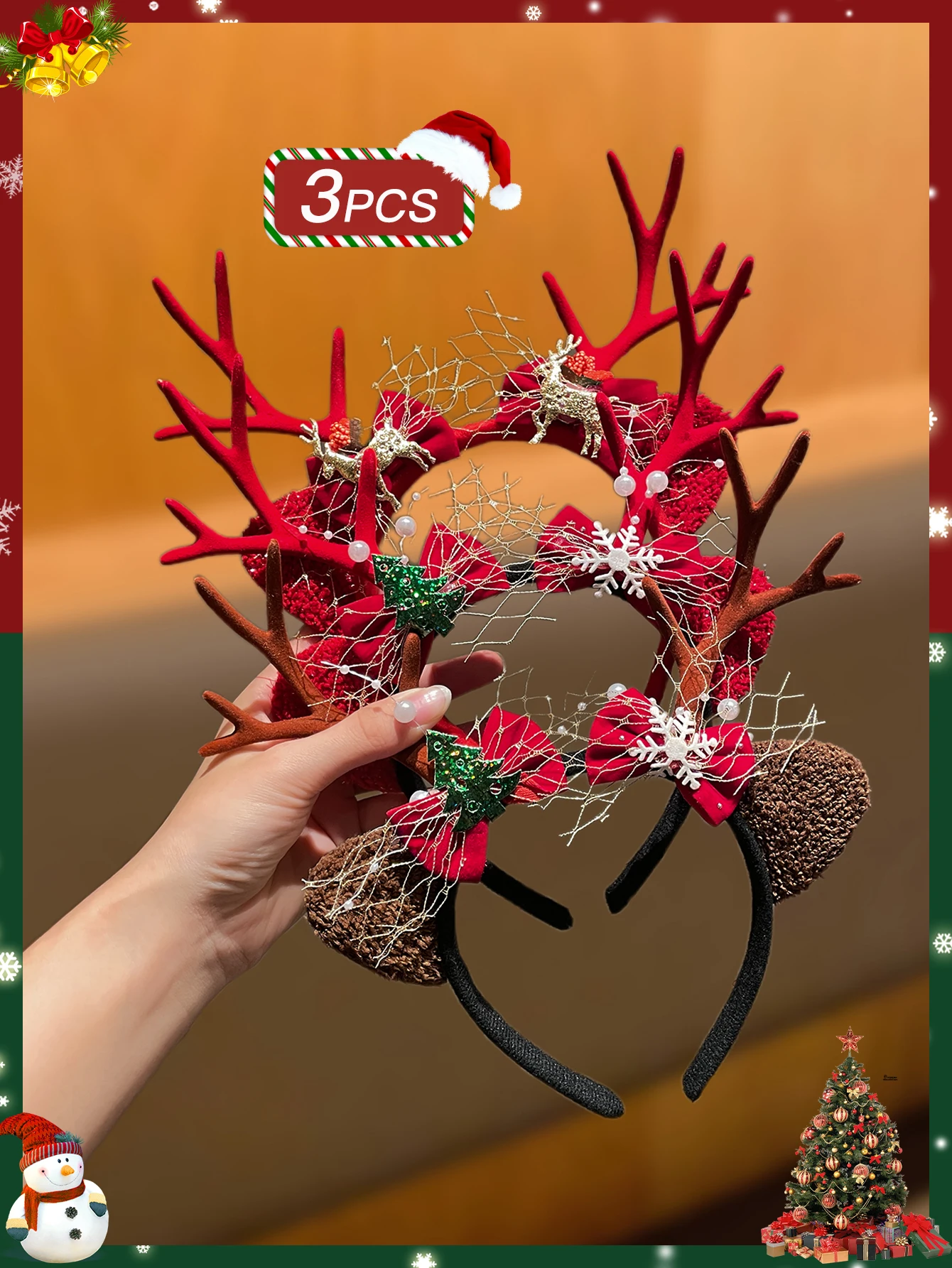 

3pcs Fashionable Cute Christmas Party Role Play Women's Hair Accessories Headbands Gift Recommendation for Ladies