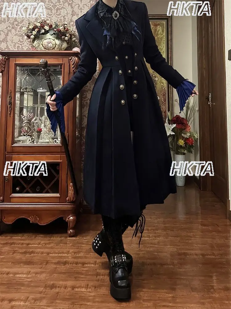 Japanese Gothic Dark Court Vintage Cosplay Clothes Autumn New Waist Ruffle Long Trench Coat Cool Lolita Prince Coat Women Jacket
