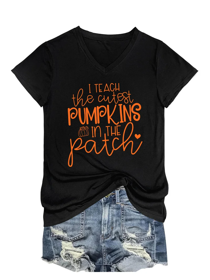New fashion women's cotton summer i teach the cutest pumpkins Comfortable trend retro V-neck short-sleeved T-shirt
