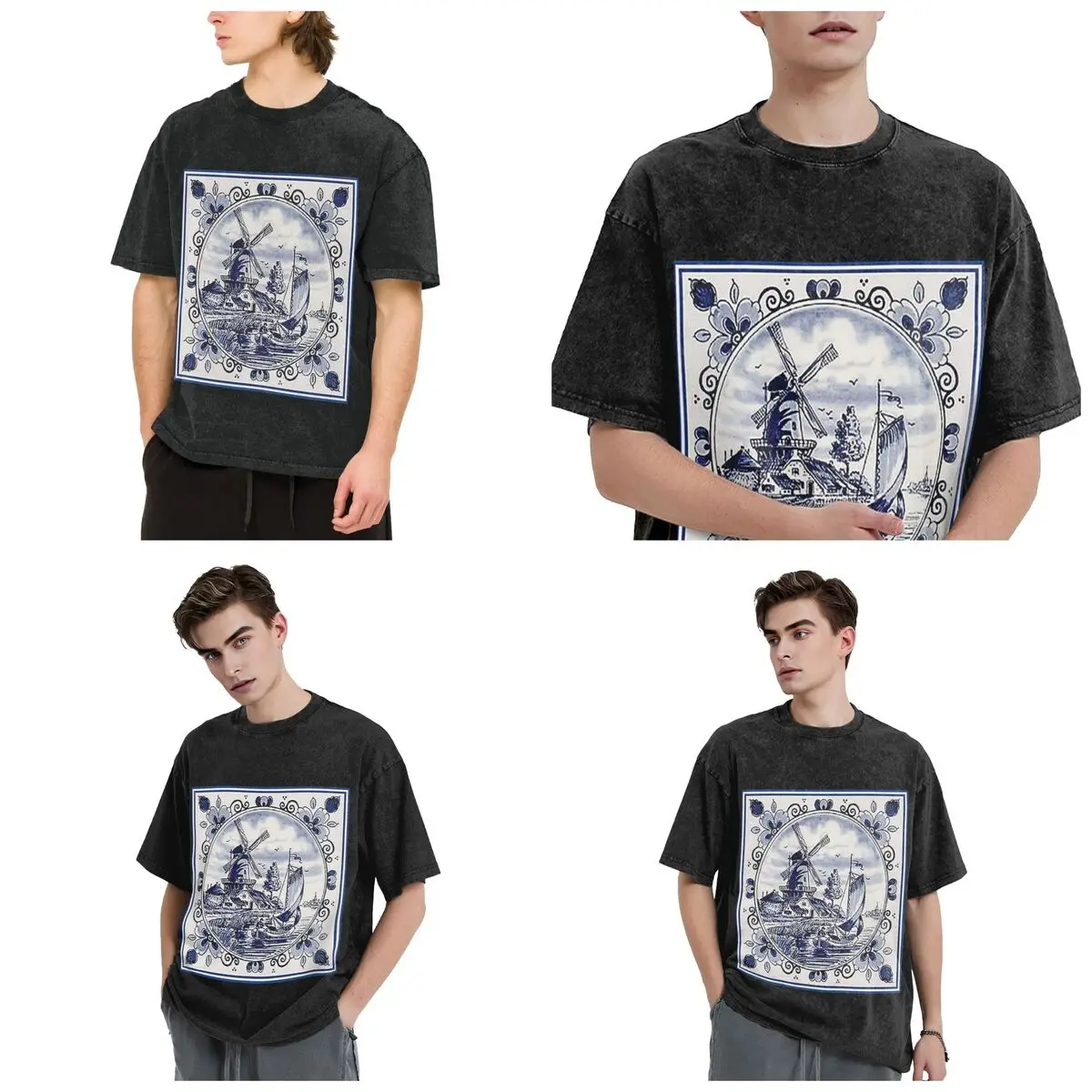 Streetwear T-Shirts Dutch Blue Delft Vintage Windmill Print Washed T Shirt Short Sleeve Hip Hop T-Shirt Tops Tees for Men Women view 2