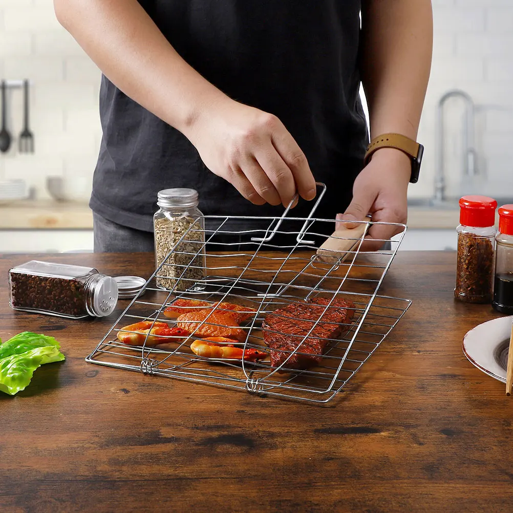 

2pcs Grill Basket Barbecue Fish Grilling Rack Anti-Scalding Handle For Camping Outdoor Bbq Beef Vegetable Mesh Iron Wire Meat