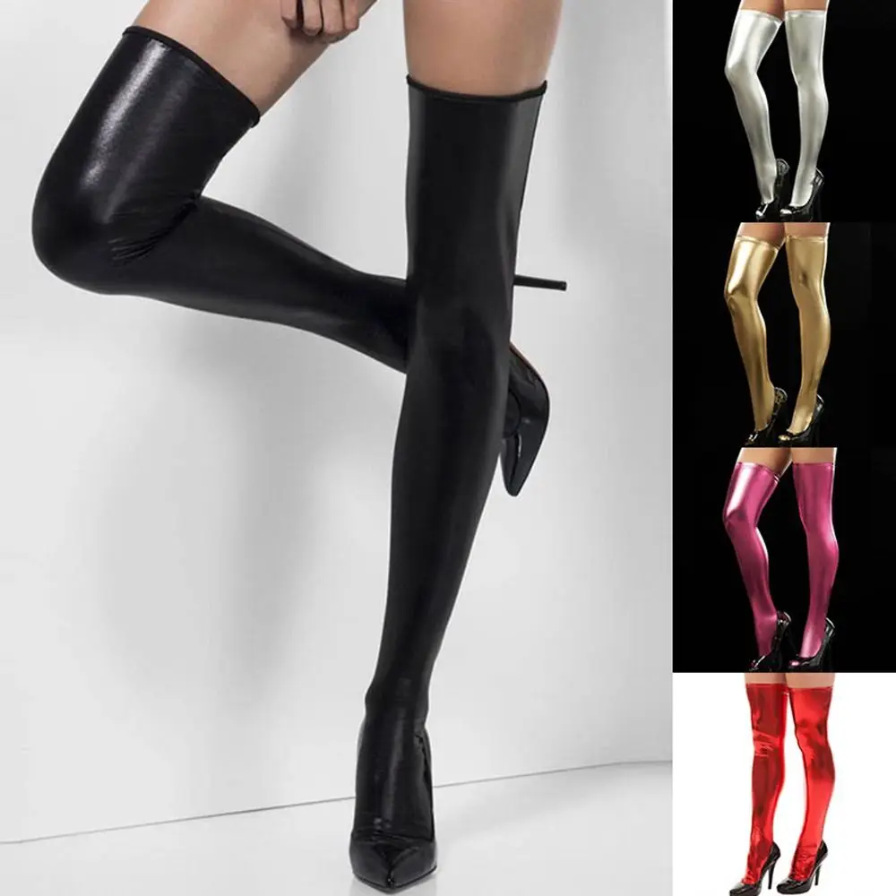 New Women Thigh High Socks Over Knees Socks PU Leather Casual Long Overknee Socks Black Red Silver Gold Stockings