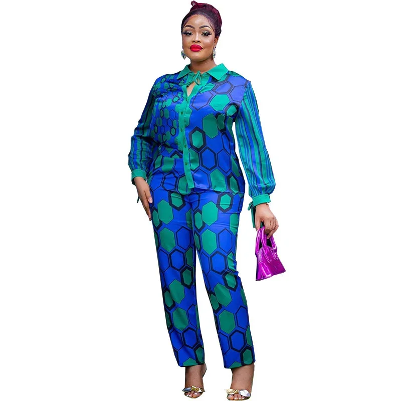 Spring Autumn African Women Printing Turn Down Collar Suit Women Dashiki African Clothes Top Pant 2 Pcs Outfits Matching Sets