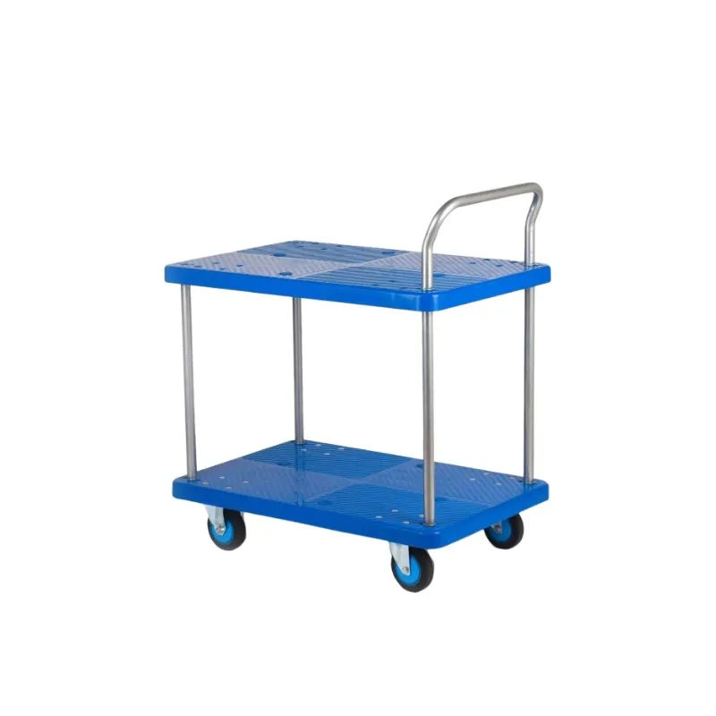 Ergonomic Four-Wheel Plastic Platform Truck with Guardrails & Grip Two-Tier Stacking Cart for E-Commerce Fulfillment (OEM)