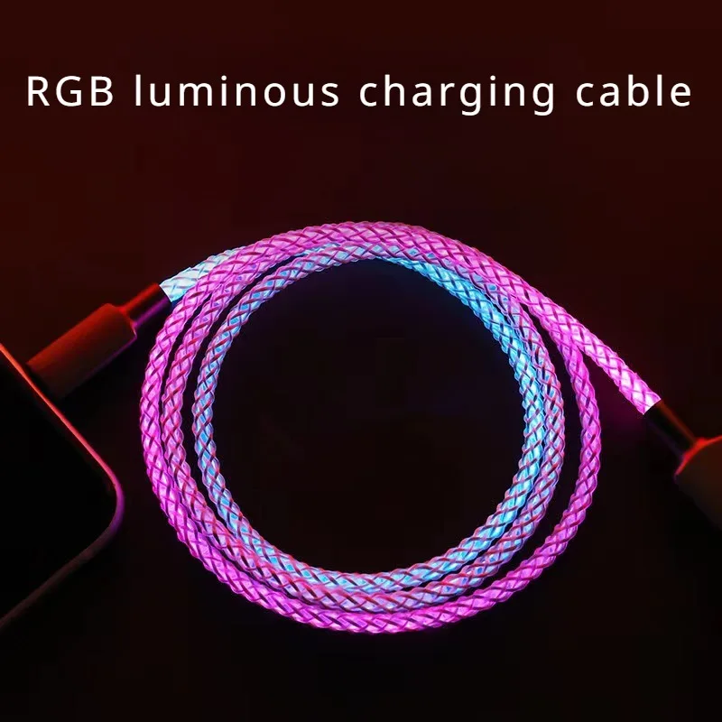 RGB 발광 데이터 라인 브리딩 라이트 그라데이션 LED 초고속 충전 스트리머 라인, 애플, 삼성, USB C 케이블에 적합 