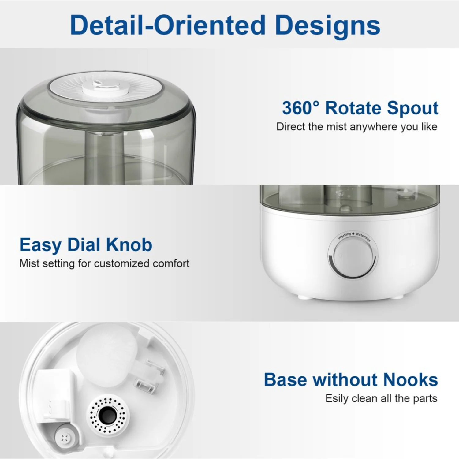 NOWOŚĆ Nawilżacz do sypialni - zbiornik na wodę o pojemności 1 galona, automatyczne wyłączanie, wyjątkowo cicha chłodna mgiełka dla dziecka - 360 °   Podwójna obrotowa dysza