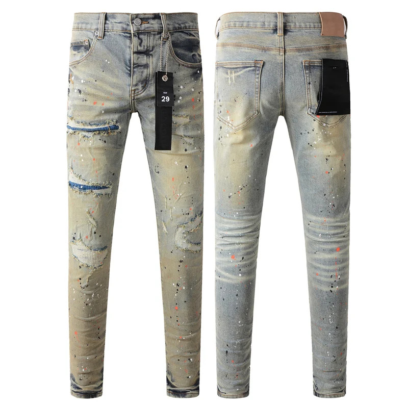 High Street Washed Do Old Purples Jeans High Quality Colorful Graffiti Inkjet Ripped Denim Pants Hip Hop Slim Fit Brands Pants