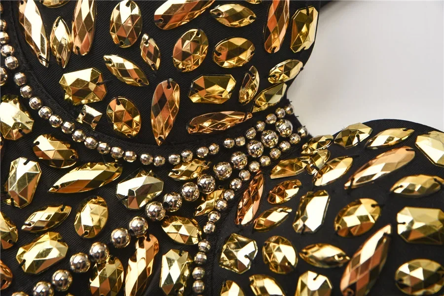 골드 비즈 & 라인 석 Bustier 자르기 탑 여성 속옷 섹시한 푸시 업 브래지어 무대 파티 클럽 락 레이브 럭셔리 Bralette 스트랩