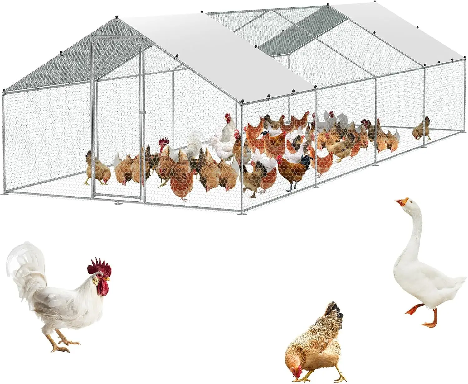 

Large Metal Chicken Coop with Run, 9.8x25.6x6.5 ft Walk-in Chicken Runs for Yard with Cover, Spire Roof Hen House