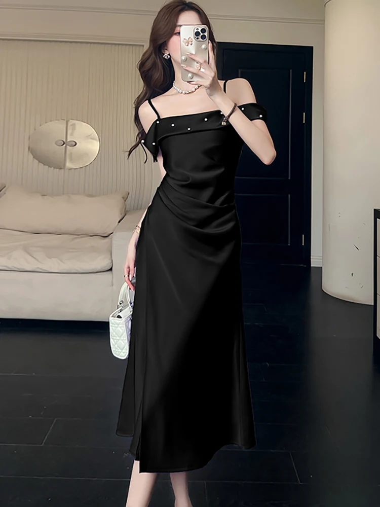 夏パープルサテンシックなビーズスリングロングドレス女性韓国ヴィンテージ高級ダンスパーティードレス 2025 エレガントなボディコンナイトドレス