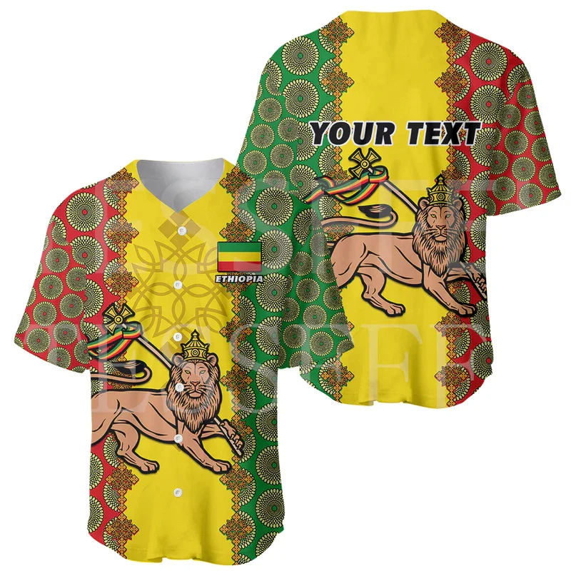 Custom Name Africa County Ethiopia Reggae Lion Tattoo 3DPrint Summer Harajuku Casual Baseball Jersey Shirts Short Sleeves XA1