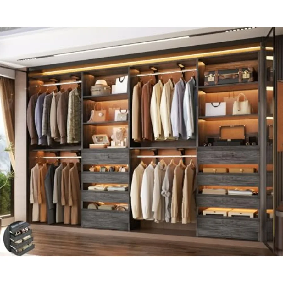 

Wood Closet Organizer System with 8 Drawers and 4 Hanging Rods for Walk-in Closet Cut to Fit 7-12ft Black Oak Wooden Tower Stor
