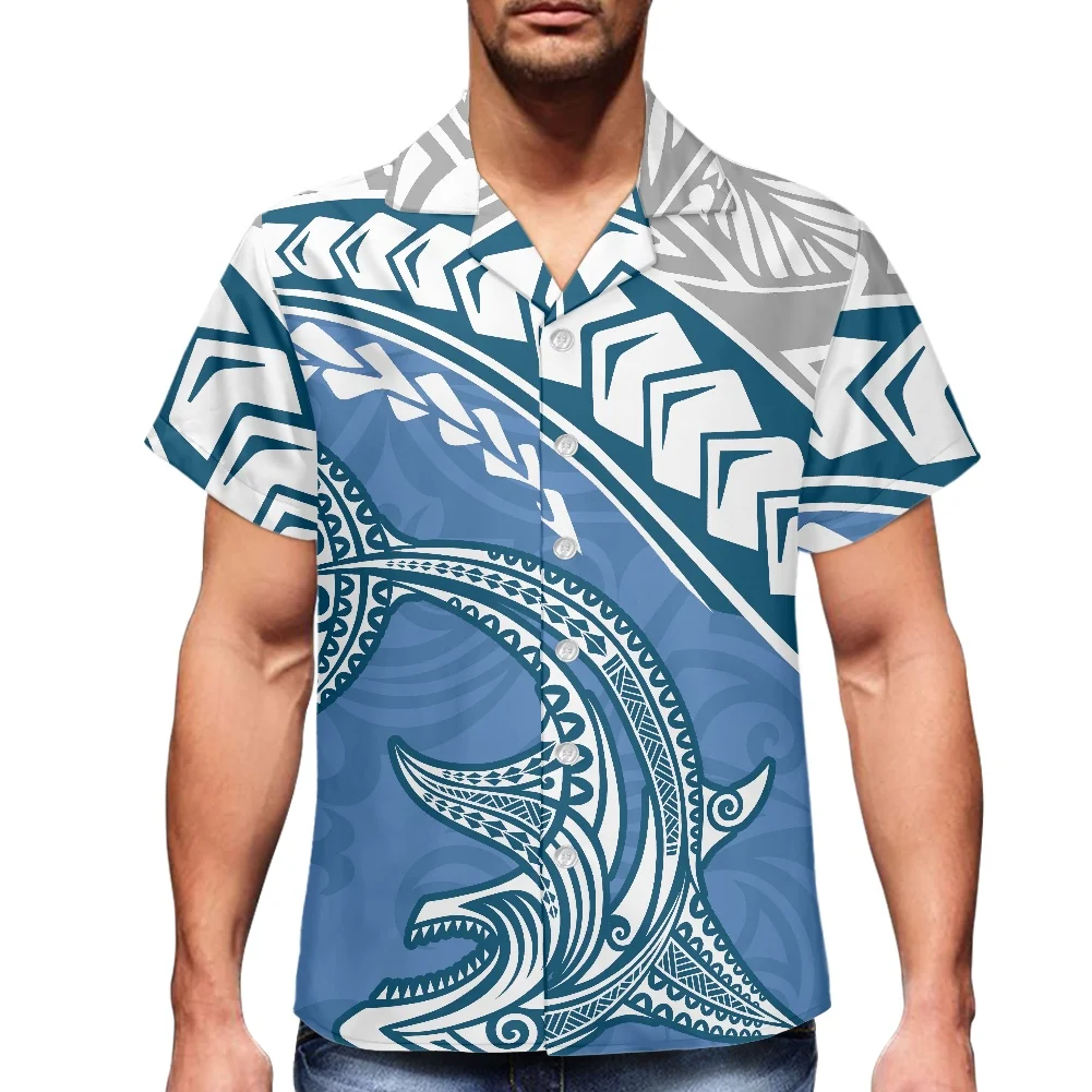 Blue Whale Printing Cuban Edition Men's Shirt Samoan Pattern 2022 Summer Short Sleeve Lapel Clothing Perfect For Travel Parties