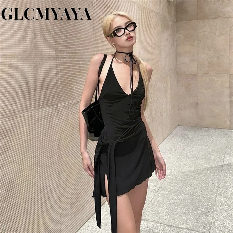 

GLCMYAYA Women Neck-mounted Lace-up Backless Sleeveless High Side Slit Mini Dress 2023 Solid Bandage Sexy Slim A-LINE Dresses