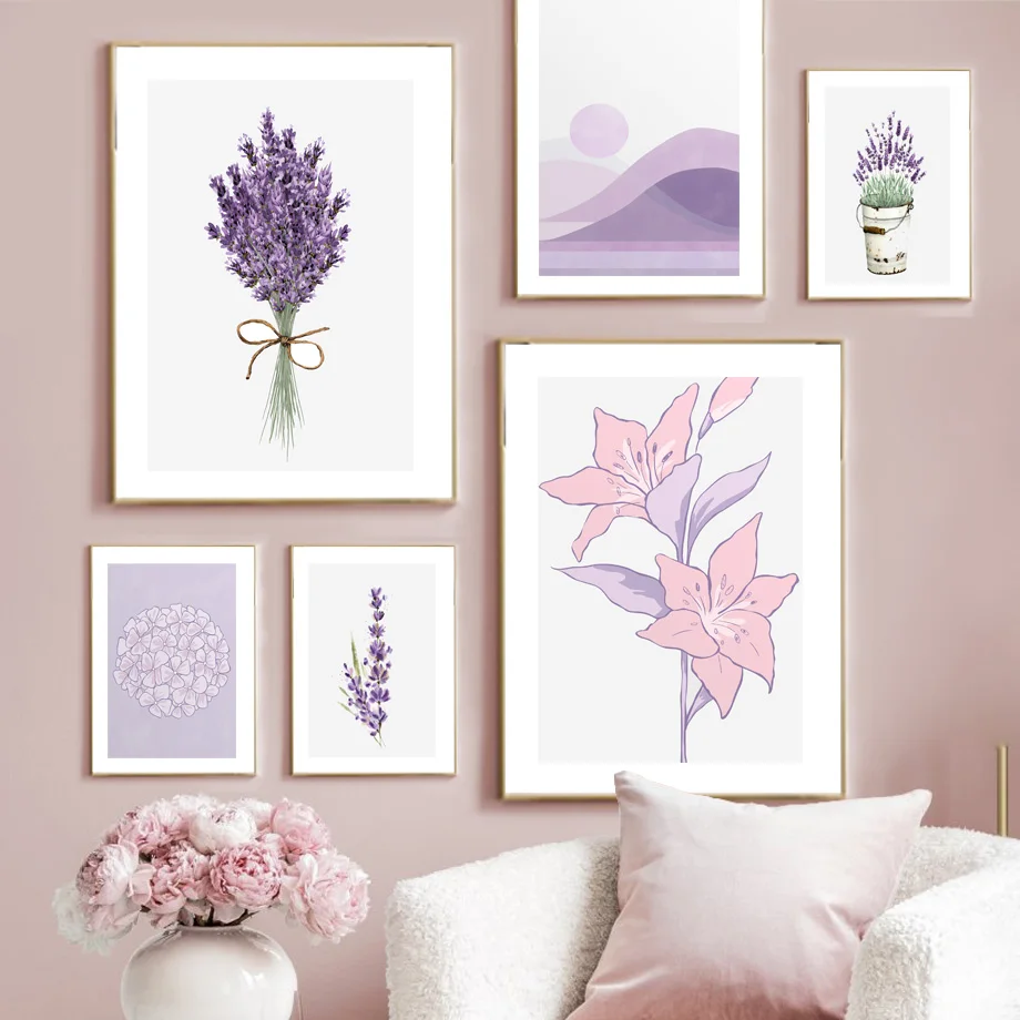 1 póster de acuarela de lavanda sin marco e impresión de lienzo botánico, pintura mural para cocina, arte de pared, imágenes para sala de estar H