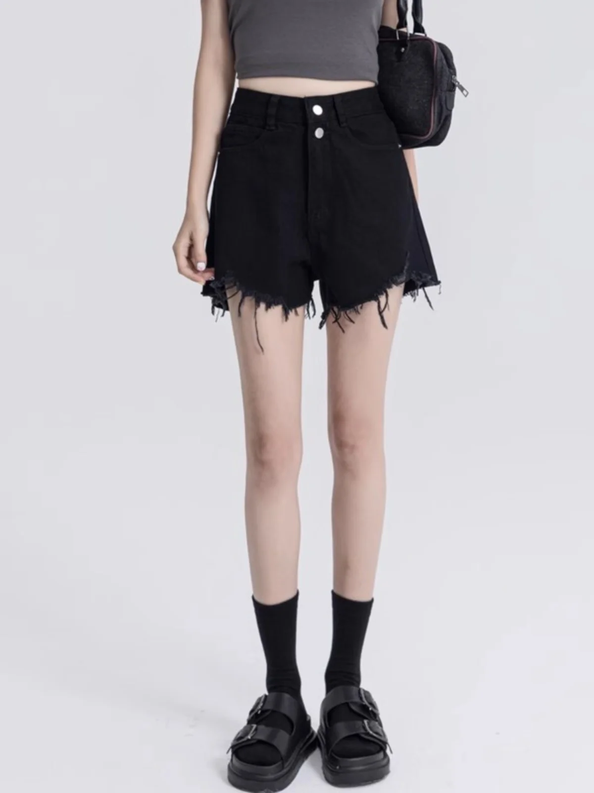 

Summer High Waist Wide Leg Denim orts Women plus Size Tassel Hem Double Bule Loose Slimming Hot Pants Bla