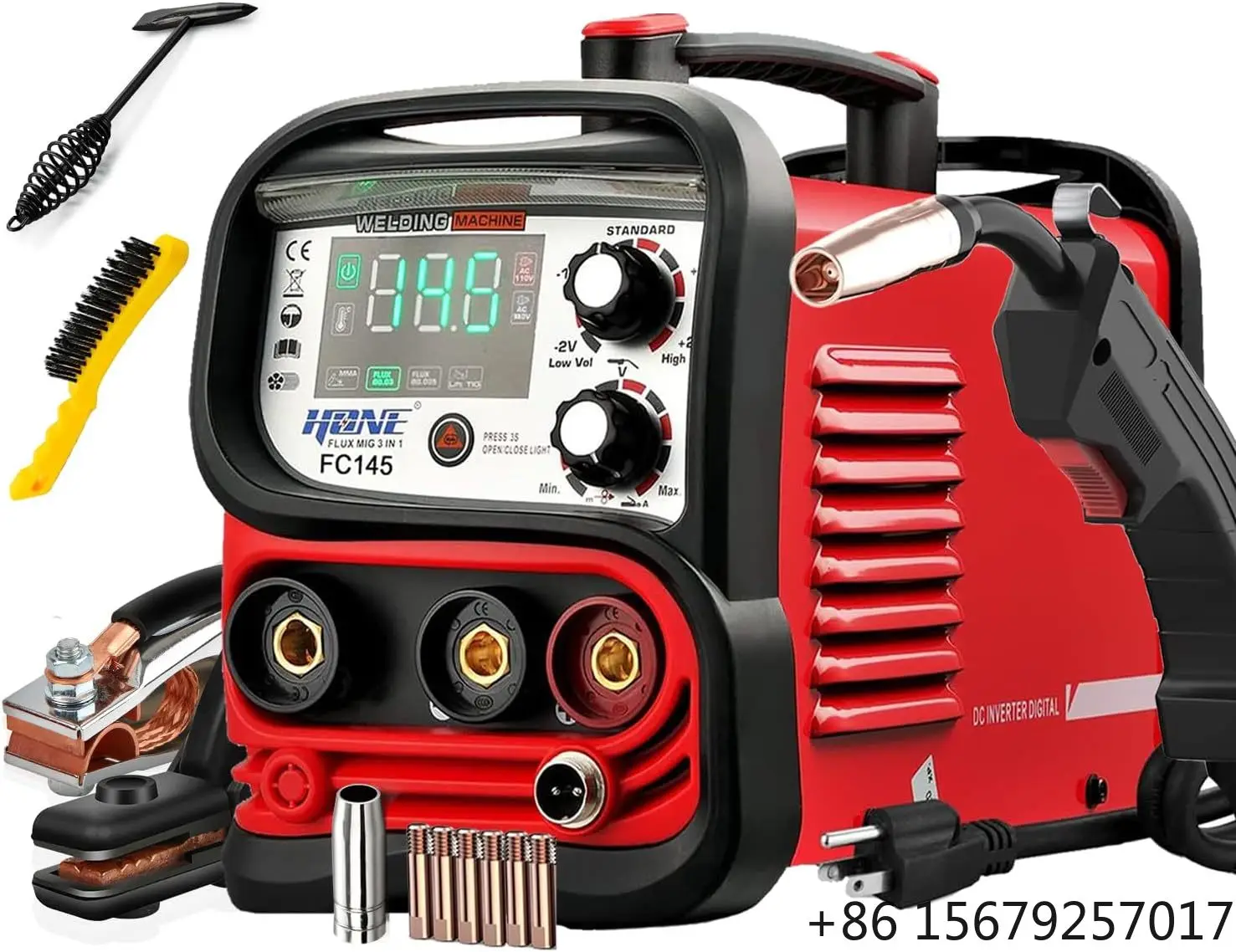 HONE FC145 1kg 110V/220V Gasless MIG Welding Machine MIG/Stick/Lift-Tig 3-in-1 with Large LCD Flux-Cored Wire MIG Welder 110 220