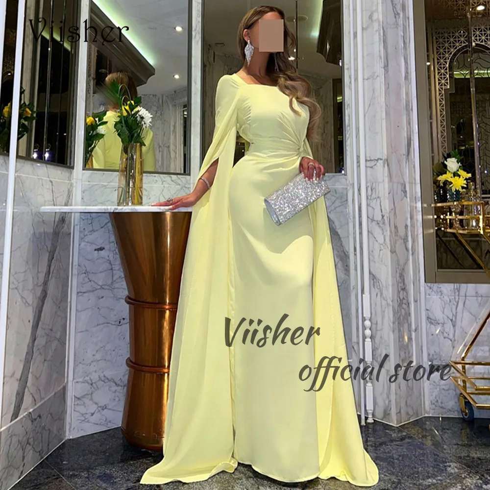 

Viisher Yellow Mermaid Evening Dresses Long Sleeve Square Neck Arabic Dubai Prom Party Dress Elegant Women Wedding Guest Gown