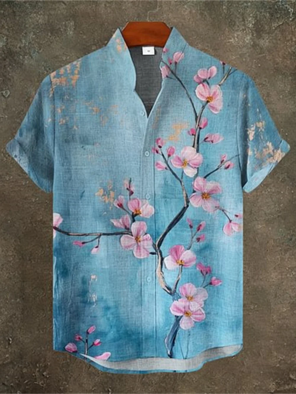 

Men's High-Quality Linen Shirt Plum Blossom Pattern Short Sleeve Stand up Collar Button up Street Casual Fashionable