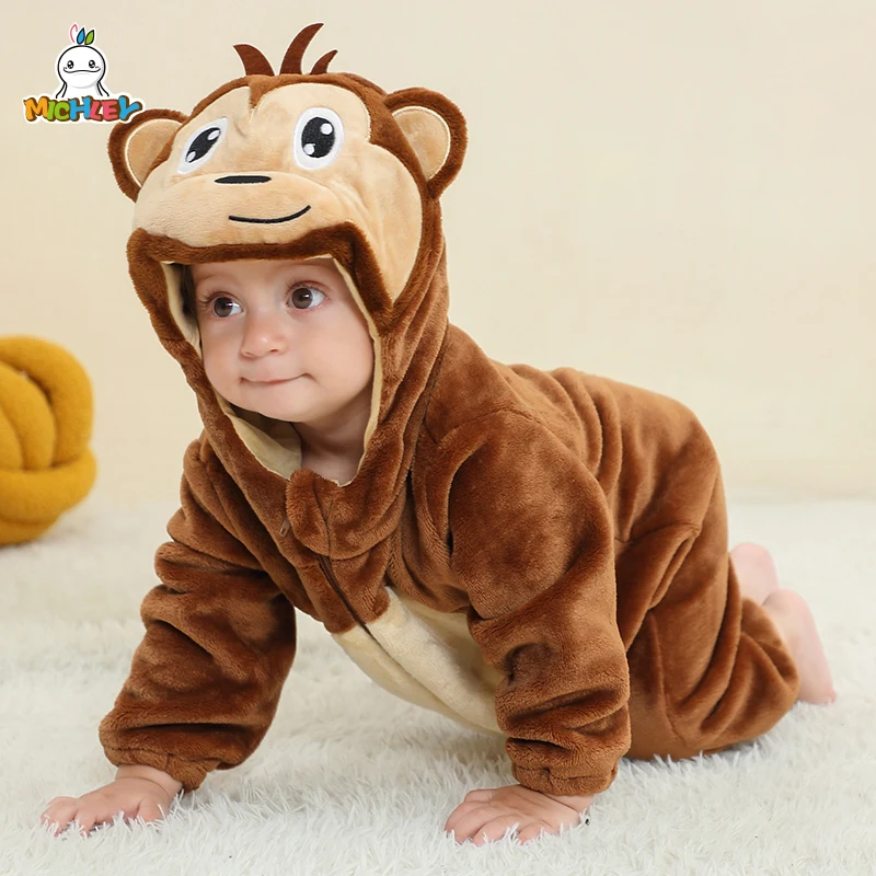 MICHLEY Halloween Baby Cartoon Romper Winter Newborn Monkey Hooded Infant Clothing Boy Girl Pajamas Animal Onesie Jumpsuit