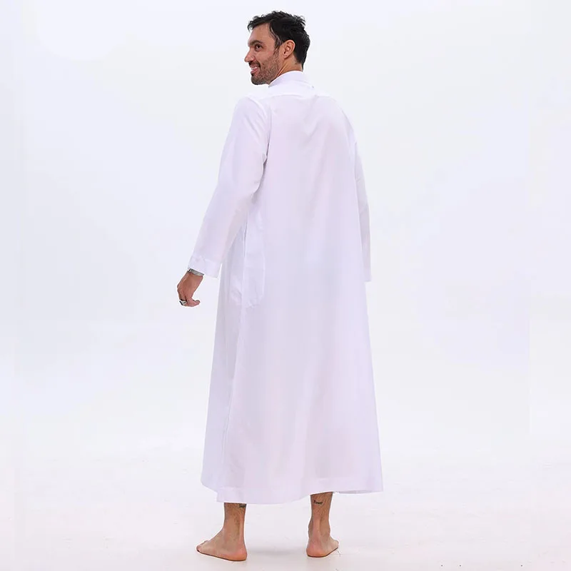 ملابس رجالية إسلامية بيضاء طويلة الأكمام فضفاضة مسلم رداء طويل رجل عباية قفطان عربي زر الوقوف طوق ثوب جوبا