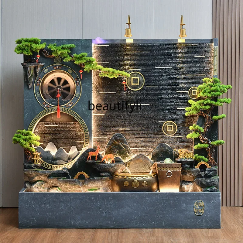 Large rockery flowing water fountain circulating water ornament water curtain wall screen living room scene opening gift