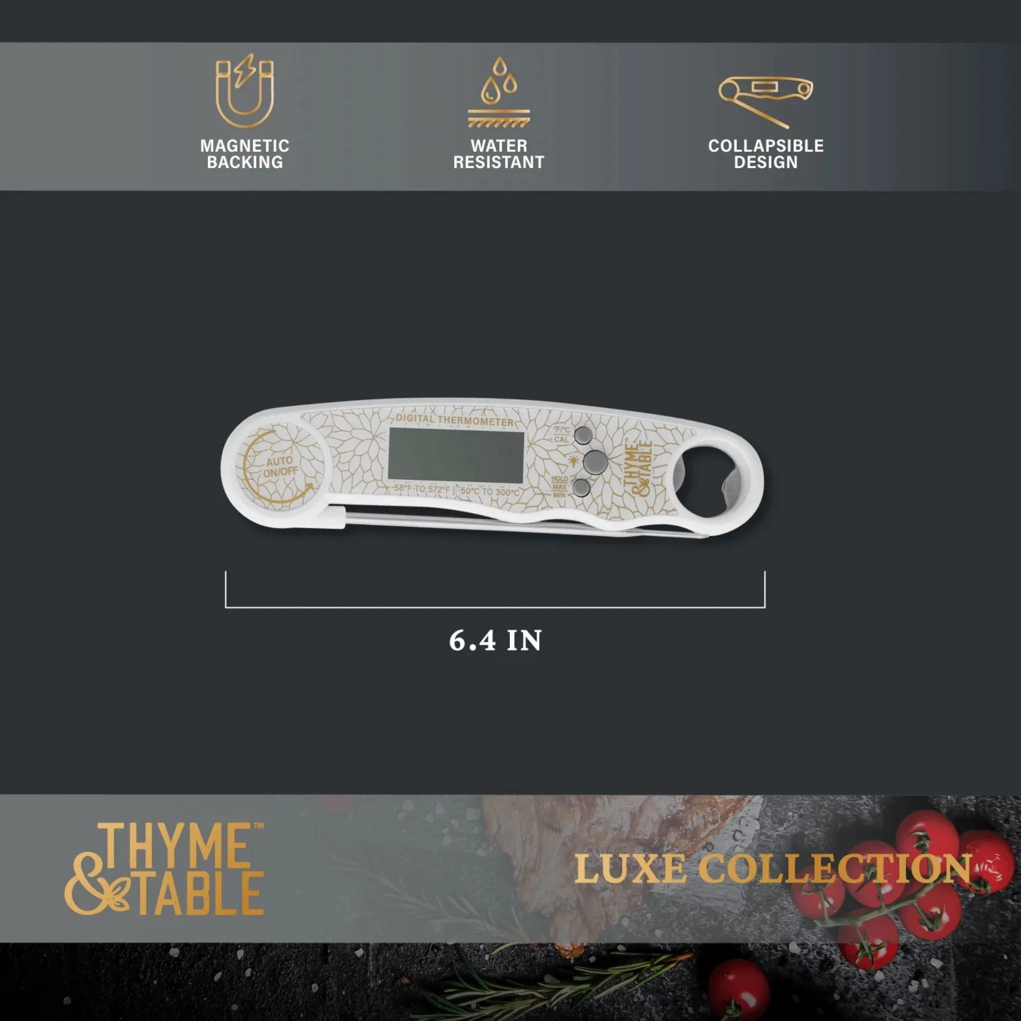 ميزان حرارة اللحوم الرقمي القابل للطي مع مسبار من الفولاذ المقاوم للصدأ، مقاوم للماء