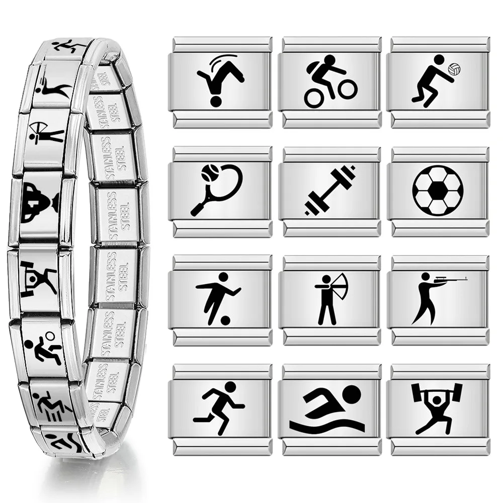 Silberfarbener italienischer elastischer Charm-Link, passend für 9 mm Armbänder, Sport, Schwimmen, Fußball, Gewichtheben, Edelstahl, DIY-Herstellung von Perlen – Detail 1